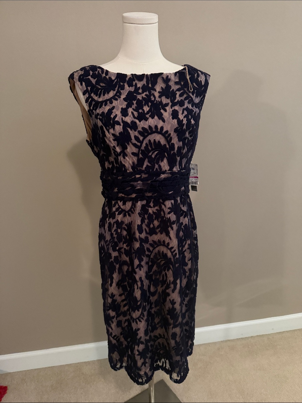 Simply Liliana Navy Lace Overlay Midi Dress with Nude Underlay